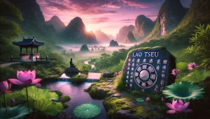 Une photographie panoramique symbolisant la sagesse intemporelle de Lao Tseu et du taoïsme. La scène montre une vallée montagneuse paisible au lever du soleil, baignée dans des teintes douces de rose, violet et vert. Au premier plan, une tablette en pierre gravée de symboles taoïstes et de citations de Lao Tseu se dresse, entourée d'eau qui s'écoule doucement et de fleurs de lotus en pleine floraison. Une fine brume enveloppe la vallée, tandis qu'une petite silhouette médite sur un rocher, incarnant l'harmonie avec la nature. L'atmosphère est calme et méditative, évoquant une profonde sagesse et une connexion au Tao.