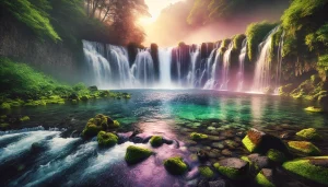 Une photographie panoramique illustrant l'élément eau. La scène montre une cascade immaculée se déversant dans un bassin d'eau cristalline, entourée d'une végétation luxuriante au lever du soleil. L'eau scintille sous une lumière douce, reflétant des teintes de rose, violet et vert. Une légère brume s'élève autour de la cascade, ajoutant une sensation de fraîcheur et de sérénité. Des rochers lisses et couverts de mousse bordent le bassin, accentuant la beauté naturelle du cadre. La composition capture la fluidité, la pureté et la vie que l'eau apporte.