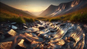 Une photographie panoramique illustrant l'élément métal. La scène montre une montagne sereine au lever du soleil, avec des veines de minerai métallique brillant incrustées naturellement dans le terrain rocheux. Les reflets argentés et dorés du métal captent la lumière du soleil, créant un effet scintillant. Autour, des touffes d'herbe et de petites fleurs sauvages ajoutent une touche de douceur au paysage. Un ruisseau paisible serpente à proximité, symbolisant l'interconnexion entre le métal et l'eau. L'atmosphère est équilibrée et apaisante, soulignant la force et la pureté de l'élément métal.