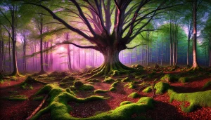 Une photographie panoramique mettant en valeur l'élément bois. Au centre de la scène, un arbre ancien et majestueux s'élève, avec un tronc large et des branches étendues symbolisant la force et la croissance. Le sol de la forêt est recouvert de mousse et de feuilles tombées, créant un décor naturel et vivant. La lumière du soleil filtre à travers la canopée dense, projetant des teintes douces de rose, violet et vert, qui renforcent l'énergie et la vitalité de l'élément bois. L'atmosphère est paisible, enracinante et pleine de vie.