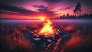 Une photographie panoramique illustrant l'élément feu. La scène montre un feu de camp brûlant intensément dans un champ ouvert au coucher du soleil, baigné de teintes chaleureuses d'orange, rose et violet. Les flammes dansent vivement, projetant une lueur éclatante sur l'herbe et les pierres environnantes. Une légère fumée s'élève doucement dans l'air, ajoutant du mouvement et de la vitalité à la composition. L'atmosphère est captivante, symbolisant la transformation, la passion et l'énergie brute de l'élément feu.