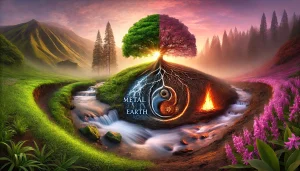 Une photographie panoramique illustrant les cinq éléments en harmonie. Au centre, un majestueux arbre vibrant symbolise le bois, ses racines ancrées dans une terre fertile. À côté, des veines de métal émergent naturellement du sol, symbolisant le métal créé par la terre. Un ruisseau coule doucement à proximité, nourrissant les racines de l'arbre, représentant l'eau. À une certaine distance de l'arbre, un feu lumineux brûle doucement, représentant l'élément feu, placé en sécurité loin du bois. La scène est baignée de teintes apaisantes de rose, violet et vert sous la lumière douce du lever du soleil, évoquant une harmonie parfaite entre les éléments.