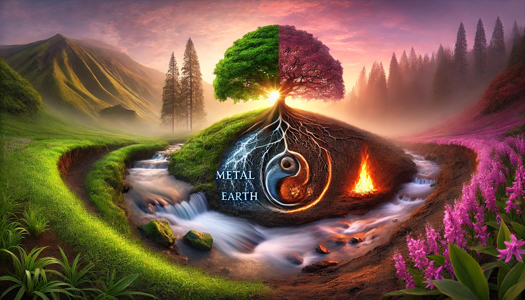 Une photographie panoramique illustrant les cinq éléments en harmonie. Au centre, un majestueux arbre vibrant symbolise le bois, ses racines ancrées dans une terre fertile. À côté, des veines de métal émergent naturellement du sol, symbolisant le métal créé par la terre. Un ruisseau coule doucement à proximité, nourrissant les racines de l'arbre, représentant l'eau. À une certaine distance de l'arbre, un feu lumineux brûle doucement, représentant l'élément feu, placé en sécurité loin du bois. La scène est baignée de teintes apaisantes de rose, violet et vert sous la lumière douce du lever du soleil, évoquant une harmonie parfaite entre les éléments.