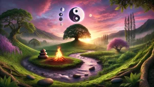 Une photographie panoramique représentant les enseignements spirituels des cinq éléments en harmonie avec le Yin et le Yang. La scène montre un cadre naturel paisible au lever du soleil, avec un arbre majestueux symbolisant le bois, un feu brillant pour le feu, un sol riche avec des veines métalliques pour la terre et le métal, et un ruisseau clair pour l'eau. Dans le ciel, un subtil symbole Yin-Yang formé par des nuages et la lumière du soleil complète l'équilibre. Les teintes de rose, violet et vert renforcent l'atmosphère harmonieuse, mettant en avant l'énergie vitale et la dynamique de la dualité.