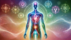 Illustration symbolique d'un corps humain semi-translucide avec des zones lumineuses représentant les émotions, reliées par des lignes énergétiques. Fond apaisant en dégradés de rose, vert, bleu et violet, évoquant le lien entre le corps et l'esprit.