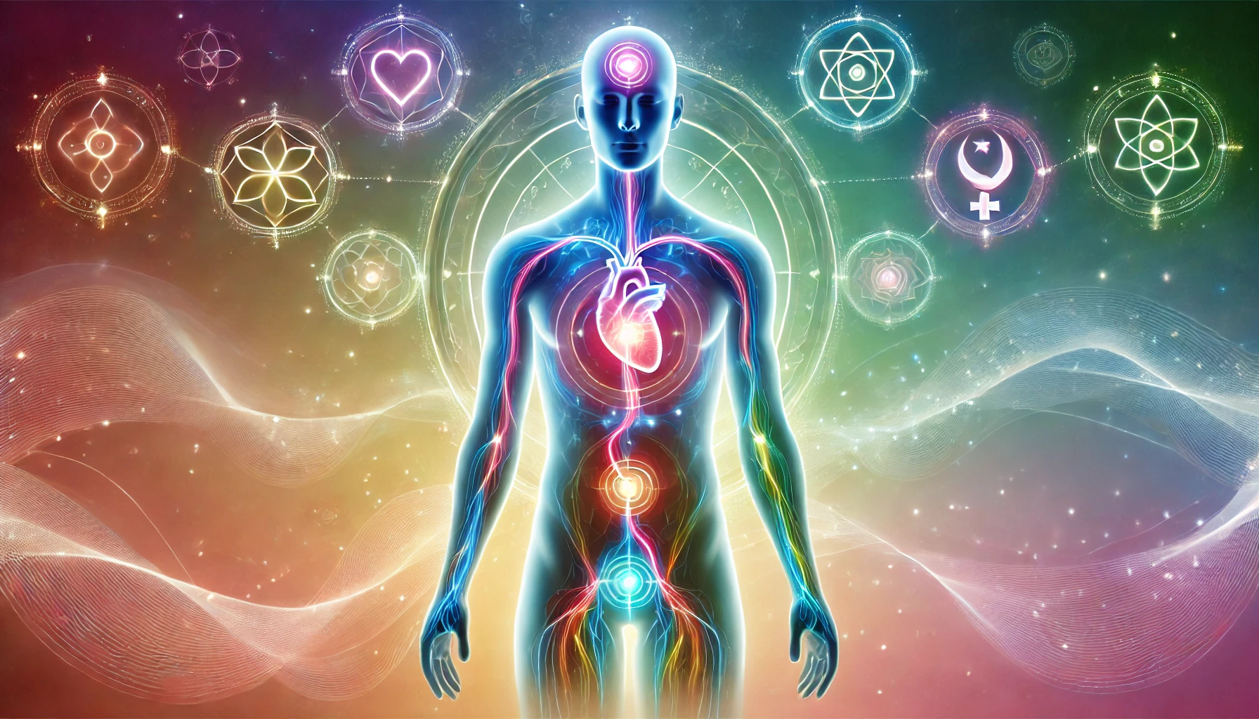 Illustration symbolique d'un corps humain semi-translucide avec des zones lumineuses représentant les émotions, reliées par des lignes énergétiques. Fond apaisant en dégradés de rose, vert, bleu et violet, évoquant le lien entre le corps et l'esprit.