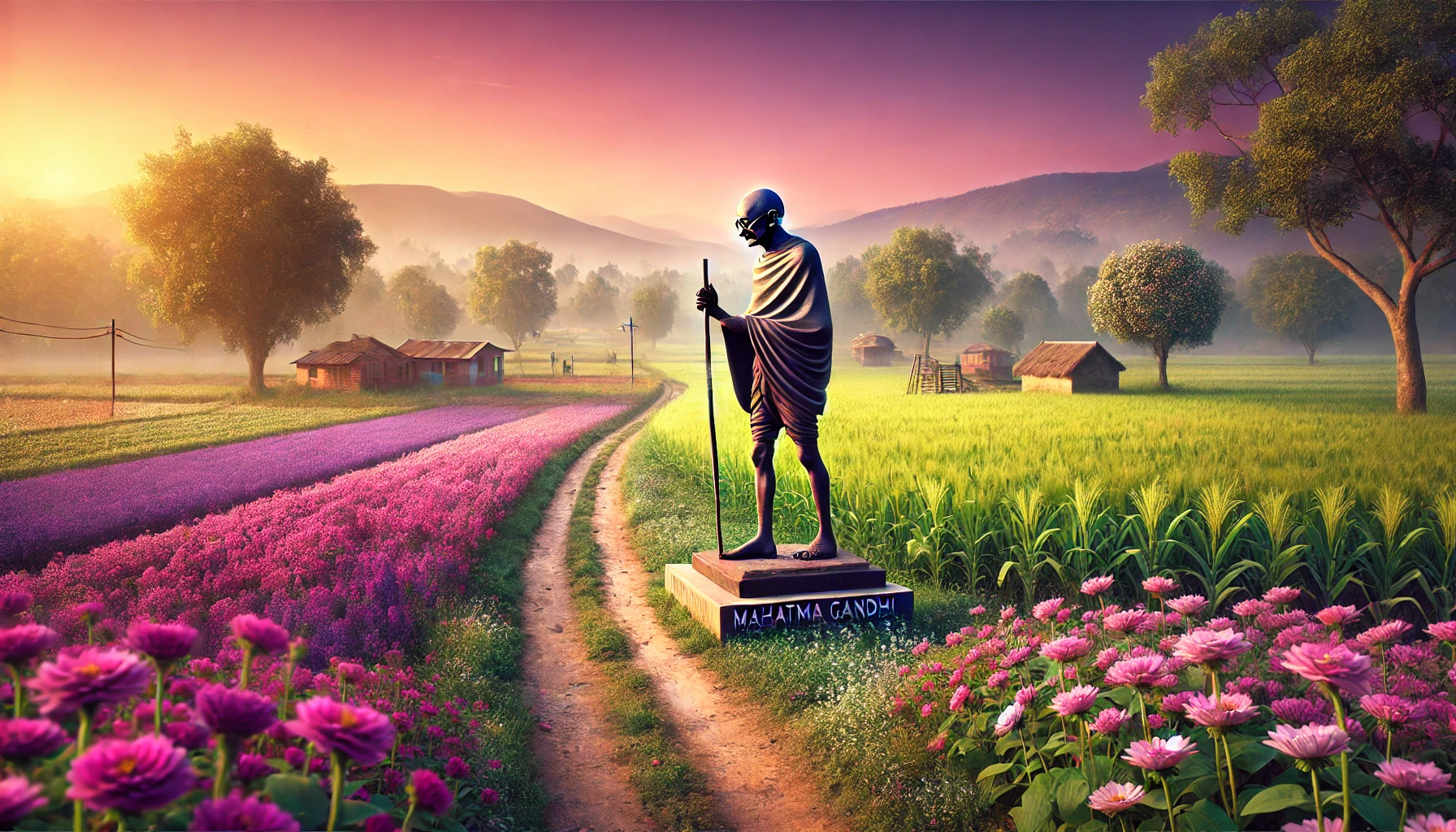 Une photographie panoramique symbolisant l'héritage de Mahatma Gandhi. La scène montre un cadre rural paisible au lever du soleil, baigné de teintes chaleureuses de rose, violet et vert. Une statue de Gandhi, tenant son bâton de marche, est placée au premier plan, entourée de champs de fleurs en pleine floraison. Un chemin de terre sinueux traverse la scène, représentant ses célèbres marches et sa lutte pacifique. À l'arrière-plan, un village modeste et des montagnes lointaines évoquent la simplicité et la persévérance, des qualités emblématiques de Gandhi. L'atmosphère est inspirante, paisible et pleine de réflexion sur ses principes de non-violence et de résilience.