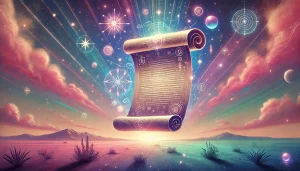 Représentation symbolique des messages spirituels : un parchemin lumineux flottant dans un paysage mystique aux teintes de rose, mauve, violet, bleu et vert, entouré d'éléments célestes comme des étoiles et des orbes lumineux.