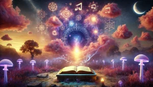 Une scène surréaliste illustrant la communication du subconscient. Un portail lumineux s’ouvre sur un univers mystique, tandis que des nuages prennent la forme de symboles anciens. Une forêt enchantée s’étend en arrière-plan, avec des chemins flous et changeants. Au premier plan, un livre ouvert repose sur un piédestal en pierre, et au-dessus de ses pages flottent des lettres lumineuses, des formes géométriques et des symboles éthérés, évoquant la découverte des messages cachés du subconscient. Les teintes douces de rose, violet et bleu renforcent l’atmosphère introspective et magique.