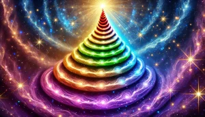 Illustration d'une spirale ascendante multicolore représentant les niveaux de conscience, avec des sections beige, violet, rouge, bleu, orange, vert, jaune et turquoise. La spirale s'élève dans un fond cosmique étoilé rempli de lumière et de particules lumineuses, symbolisant l'éveil spirituel et la connexion cosmique.