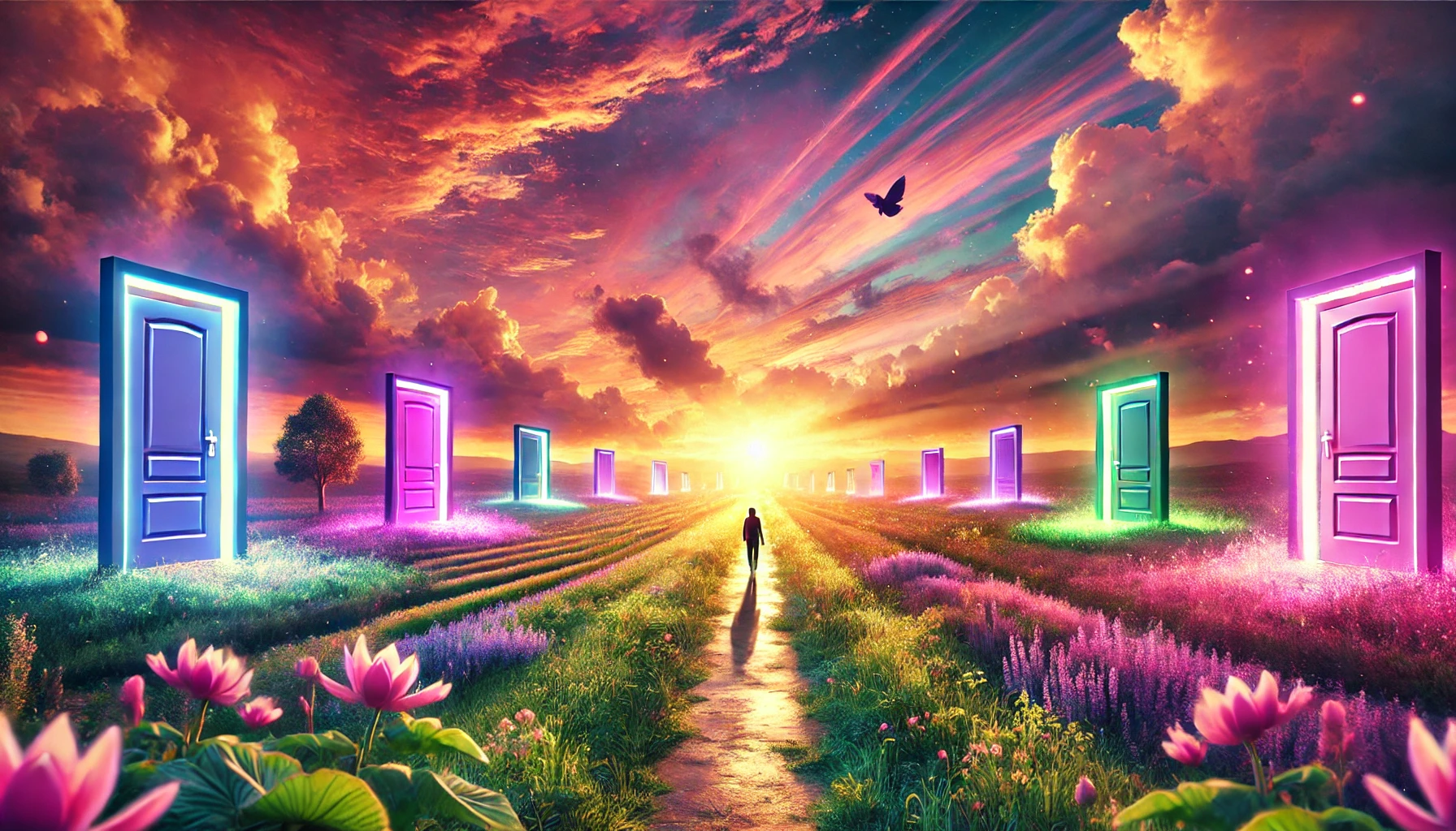 Une photographie panoramique illustrant l'ouverture des possibles et la transformation personnelle. La scène présente un chemin traversant une prairie luxuriante, baignée par les teintes douces de rose, violet et vert au lever du soleil. Une personne marche en avant, entourée de portes lumineuses flottant dans les airs, chacune menant à un nouvel horizon rempli de lumière et d'opportunités. Le ciel est dynamique, mélangeant des couleurs chaudes et des nuages formant des symboles inspirants tels qu'un oiseau en vol et une fleur épanouie. L'atmosphère est pleine d'espoir, d'inspiration et de potentiel illimité.
