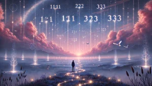 Une scène symbolique illustrant la synchronicité et ses messages cachés. Le ciel du crépuscule est rempli de signes subtils : des nombres récurrents (11:11, 222, 333) brillent doucement dans les nuages, un vol d’oiseaux dessine un motif significatif, et un sentier lumineux s’étend vers l’horizon. Au premier plan, une personne se tient en contemplation, observant ces symboles avec émerveillement et réflexion. Les couleurs douces de rose, violet et bleu se fondent harmonieusement, créant une atmosphère de connexion, de mystère et de guidance universelle.