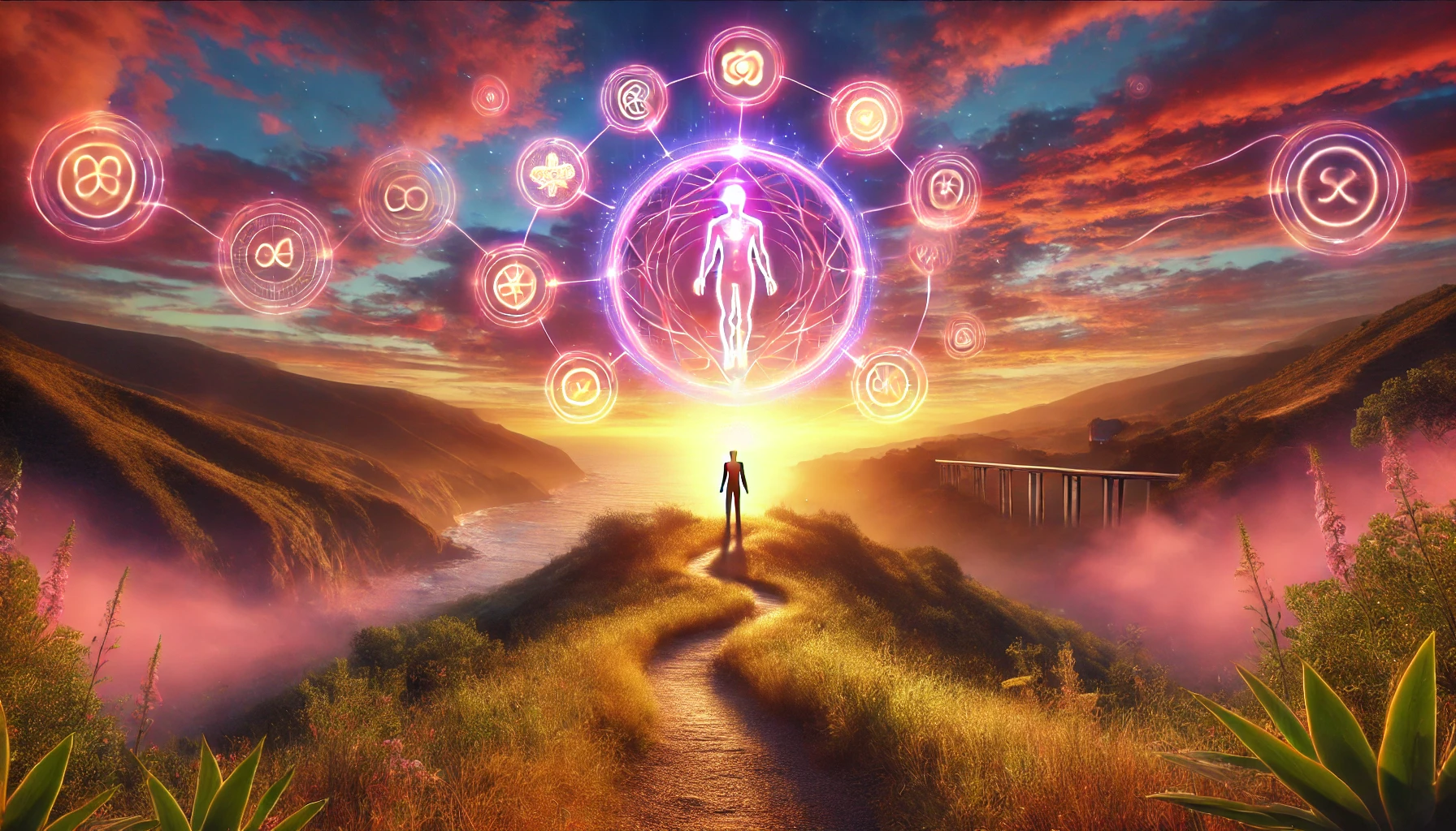 Une photographie panoramique symbolisant la reprogrammation du subconscient et la transformation des croyances. La scène montre une figure humaine lumineuse se tenant sur un chemin sinueux qui s'étend vers l'horizon, sous un ciel baigné de teintes chaudes de rose, orange et or. Au-dessus de la figure, des formes lumineuses et abstraites flottent, représentant le changement des pensées et des croyances. Le paysage environnant est vibrant et serein, évoquant un sentiment d'espoir, de clarté mentale et de croissance personnelle.