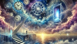 Illustration surréaliste d’un paysage onirique représentant le subconscient. L’image montre des éléments de rêve tels que des horloges flottantes, des escaliers fragmentés menant nulle part, une mer scintillante sous les étoiles, et un portail lumineux. Les couleurs mêlent des nuances de bleu profond, violet, argenté et doré, symbolisant le mystère et la profondeur des rêves.