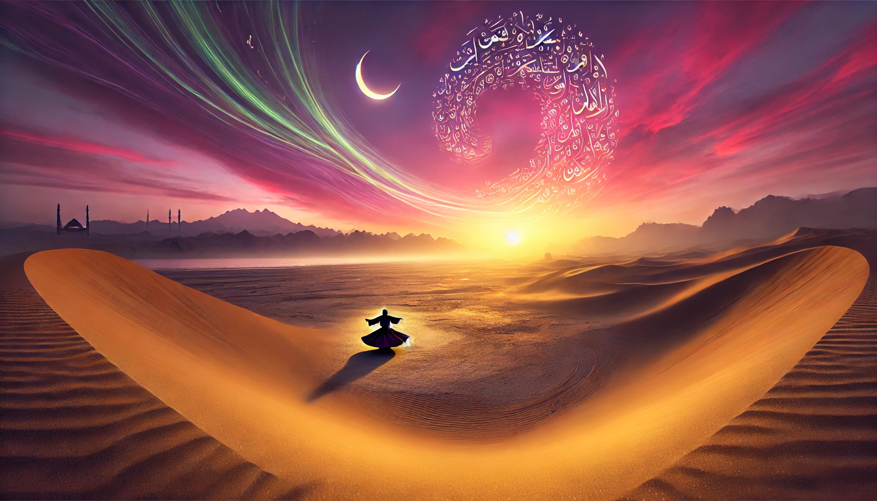 Une photographie panoramique symbolisant la poésie mystique de Rumi. La scène montre un désert paisible au coucher du soleil, avec des teintes chaleureuses de rose, violet et orange dans le ciel. Au premier plan, un derviche tourneur danse gracieusement sur les sables dorés, symbolisant l'extase spirituelle et l'unité. À l'horizon, des montagnes lointaines et un croissant de lune illuminé ajoutent une dimension mystique. Des écritures poétiques flottent subtilement dans l'air, se mêlant harmonieusement au paysage. L'atmosphère est sereine, inspirante et propice à la réflexion sur l'amour universel et la spiritualité.