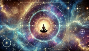 Illustration mystique d'une silhouette méditant au centre d'un vortex lumineux entouré de motifs représentant l'univers, avec des étoiles, galaxies et particules. L'image utilise des teintes de bleu, violet et or pour symboliser la transformation spirituelle et l'élévation de la conscience.