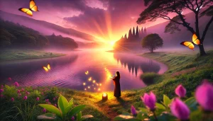 Une photographie panoramique représentant le chemin du pardon de soi et de la libération personnelle. La scène montre une personne debout au bord d'un lac paisible au lever du soleil, baignée dans des teintes douces de rose, violet et vert. La personne libère des pétales lumineux dans l'eau, symbolisant le lâcher-prise et la compassion envers soi-même. À l'horizon, une lumière éclatante perce à travers des nuages doux, reflétant un sentiment de paix intérieure et de renouveau. Les environs incluent des fleurs épanouies et des arbres qui se balancent doucement, ajoutant à l'atmosphère apaisante et transformatrice.