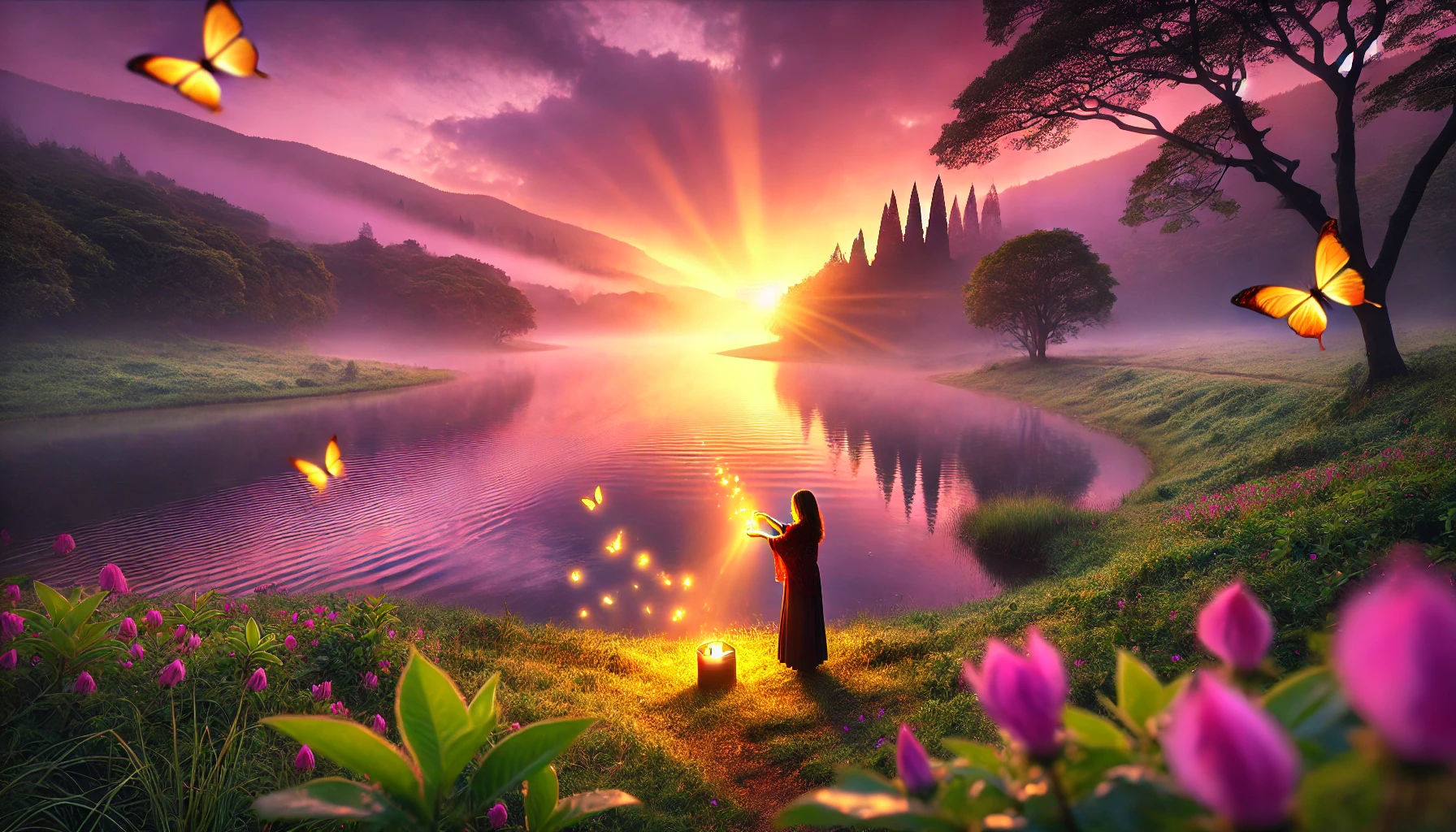 Une photographie panoramique représentant le chemin du pardon de soi et de la libération personnelle. La scène montre une personne debout au bord d'un lac paisible au lever du soleil, baignée dans des teintes douces de rose, violet et vert. La personne libère des pétales lumineux dans l'eau, symbolisant le lâcher-prise et la compassion envers soi-même. À l'horizon, une lumière éclatante perce à travers des nuages doux, reflétant un sentiment de paix intérieure et de renouveau. Les environs incluent des fleurs épanouies et des arbres qui se balancent doucement, ajoutant à l'atmosphère apaisante et transformatrice.