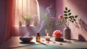 Un autel spirituel minimaliste baigné de lumière douce, avec un bâton d'encens émettant une fumée légère, des pétales de rose, une bougie allumée et une petite bouteille d'huile essentielle. En arrière-plan, des plantes vertes ajoutent une touche naturelle, le tout dans des tons apaisants de rose, violet et vert. L'atmosphère est calme et mystique.