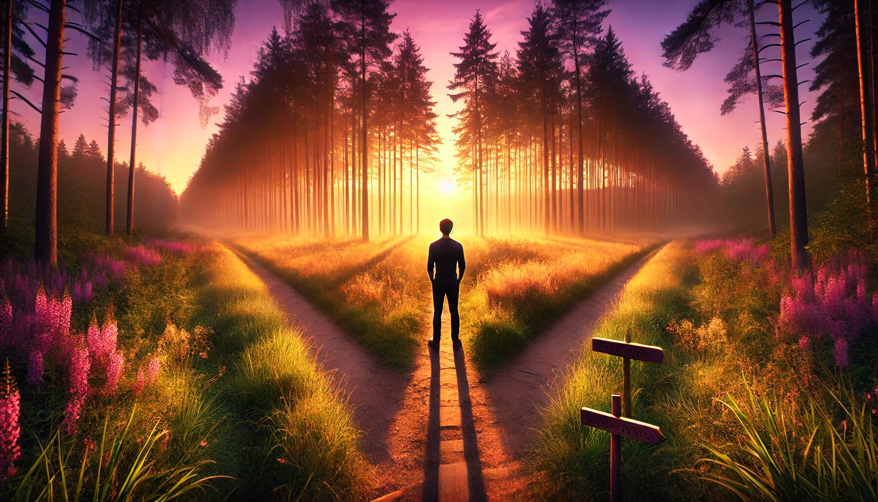 Une photographie panoramique symbolisant le concept de suivre son instinct. La scène montre une personne debout à l'orée d'une forêt, face à un chemin qui se divise en deux sous la lumière dorée du lever du soleil. Le paysage est baigné de teintes douces de rose, violet et vert, tandis que les rayons du soleil filtrent à travers les arbres majestueux. La personne regarde attentivement les chemins, reflétant une réflexion intérieure et une confiance en ses choix. L'atmosphère est paisible, avec des fleurs épanouies et une légère brise qui ajoutent à la sensation d'intuition et de clarté.