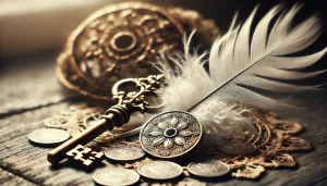 Une photographie réaliste montrant une pièce de monnaie posée sur le sol, une clé ornée élégante et une plume blanche délicate, disposées sur une surface en bois texturée. La lumière douce et naturelle met en valeur les détails des objets, créant une atmosphère empreinte de mystère et de symbolisme. L’arrière-plan légèrement flou accentue la mise en avant des éléments, invitant à l’interprétation de leur signification.