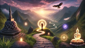 Une photographie panoramique représentant la quête pour trouver un guide spirituel et atteindre l’éveil intérieur. La scène montre une vallée montagneuse sereine à l'aube, baignée de teintes douces de rose, violet et vert. Un chemin de pierre sinueux mène à une figure lumineuse au bout, incarnant un guide spirituel rayonnant une lumière dorée chaleureuse. Des symboles de sagesse spirituelle entourent le chemin : un aigle en plein vol, un moine en méditation, et des orbes lumineuses symbolisant l'énergie spirituelle. L'atmosphère est paisible, introspective et évoque l'harmonie et la connexion avec une guidance supérieure.