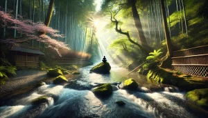 Une photographie panoramique illustrant le concept taoïste de Wu Wei, ou l'harmonie avec la nature à travers l'action sans effort. La scène montre une rivière limpide qui traverse une forêt dense et luxuriante au lever du soleil. Une personne médite tranquillement sur un grand rocher au centre de la rivière, parfaitement alignée avec le flux naturel. Des cerisiers en fleurs et de hauts bambous entourent le décor, tandis que des rayons de soleil nets traversent les arbres, éclairant doucement la rivière et l'environnement. L'atmosphère met en valeur la sérénité, la clarté et l'équilibre naturel.