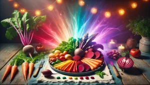 Assiette soigneusement disposée avec des légumes racines colorés comme les carottes, betteraves et patates douces, représentant l’ancrage physique et énergétique. L’image met en avant l’importance de l’alimentation pour équilibrer le chakra racine et harmoniser le niveau vibratoire.
