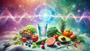 Aliments vibrants, fruits et légumes frais accompagnés d’un verre d’eau structurée émettant des ondes énergétiques subtiles. Lumière spirituelle et aura positive entourant la scène, illustrant l’impact d’une alimentation riche en énergie sur le niveau vibratoire. Arrière-plan aux teintes rose, bleu, violet et vert pour une atmosphère apaisante.