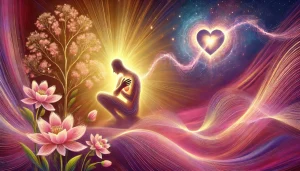 Une image inspirante montrant une silhouette s'enlaçant tendrement, entourée d'une aura lumineuse en forme de cœur. Des vagues d’énergie douce et lumineuse circulent autour d’elle, symbolisant l'amour de soi et la paix intérieure. À l'arrière-plan, des fleurs épanouies et des rayons de lumière dorée évoquent la croissance spirituelle et l'harmonie. Les teintes chaudes de rose, or et violet créent une ambiance apaisante et bienveillante, illustrant le chemin vers l'épanouissement personnel et spirituel.