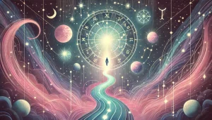 Illustration mystique représentant l'astrologie et le chemin de vie, avec des étoiles, des planètes et des constellations illuminant un sentier céleste. Les teintes douces de rose, bleu, violet et vert créent une atmosphère spirituelle et inspirante, symbolisant la destinée et la croissance personnelle.