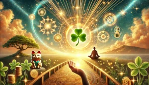 Une illustration magique et inspirante représentant la réussite, la chance et la manifestation positive. L’image met en scène un chemin doré menant vers une lumière éclatante, symbolisant les opportunités et le succès. Une main ouverte reçoit des rayons de lumière et des étoiles scintillantes, évoquant l’accueil de la chance et de l’abondance. Un trèfle à quatre feuilles lumineux, entouré d’une énergie dorée, incarne le porte-bonheur et la manifestation positive. Un vortex d’énergie lumineuse, rempli de symboles de prospérité tels que des pièces d’or, un Maneki Neko et des pierres de chance, illustre l’attraction du succès. Enfin, une silhouette méditante, enveloppée d’un champ énergétique vibrant, souligne la connexion entre l’état d’esprit et l’abondance. L’ensemble baigne dans une atmosphère chaleureuse aux teintes dorées, vertes et lumineuses, renforçant le sentiment d’espoir et d’accomplissement.