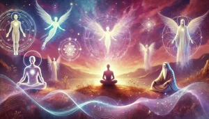 Une illustration mystique représentant une personne assise en méditation, baignée d’une lumière éthérée et entourée de vagues d’énergie lumineuse. Autour d’elle apparaissent des silhouettes spirituelles subtiles, évoquant des guides tels qu’un ange, un ancêtre bienveillant et une entité de lumière. L’arrière-plan met en valeur un paysage paisible aux teintes douces de rose, violet et bleu, créant une atmosphère apaisante et propice à la connexion spirituelle. L’image symbolise l’introspection, la guidance divine et la communication avec ses guides spirituels.