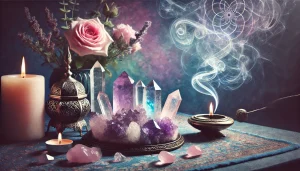 Cristaux énergétiques, dont l’améthyste et le quartz clair, disposés sur un autel sacré avec une aura vibrante. Un encens diffuse des volutes de fumée apaisante, renforçant l’atmosphère spirituelle et méditative. Fond aux teintes rose, bleu, violet et vert, évoquant l’harmonie vibratoire et l’élévation énergétique.