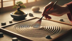 Une image capturant un jardin zen en gros plan, où une main utilise un petit râteau en bois pour tracer des motifs circulaires délicats dans du sable fin. La scène est baignée d'une lumière douce et naturelle, avec des teintes harmonieuses de beige et de crème. Des pierres et un petit bonsaï sont soigneusement disposés, renforçant l’ambiance méditative et paisible de cette pratique de relaxation.