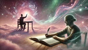 Une image illustrant l'écriture automatique et le journaling, mettant en scène une personne assise à un bureau en bois, en train d’écrire dans un carnet ouvert, se reliant à son inconscient que l'on voit au dessus des nuages. Une douce lueur éthérée entoure sa main, symbolisant le flux intuitif des pensées et des messages du subconscient. De subtiles vagues lumineuses émergent du stylo, ajoutant une dimension mystique et introspective. L’arrière-plan est baigné de teintes apaisantes de rose, violet et vert, créant une atmosphère propice à la concentration et à la connexion spirituelle.