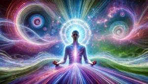 Une image artistique montrant une personne dont l'hypersensibilité et la clairvoyance sont en éveil et se trouve en profonde méditation. Elle est entourée d’une aura lumineuse sous forme de halos et de vagues d’énergie vibrante. Les couleurs dominantes sont des teintes de bleu, violet, rose et vert, symbolisant une fréquence vibratoire élevée et une connexion spirituelle profonde. L'expression du visage est paisible et contemplative, suggérant une perception accrue des énergies subtiles. L’arrière-plan minimaliste met en valeur l’expansion de conscience et l’intensité de l’aura qui rayonne tout autour.