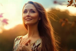 Une femme souriante aux longs cheveux bruns se tient debout avec une expression sereine et fière, la main sur le cœur. Elle rayonne de confiance et de paix intérieure, baignée d'une chaude lumière dorée. L'arrière-plan est un paysage éthéré avec une énergie douce et éclatante, symbolisant la croissance personnelle et l'autonomisation.