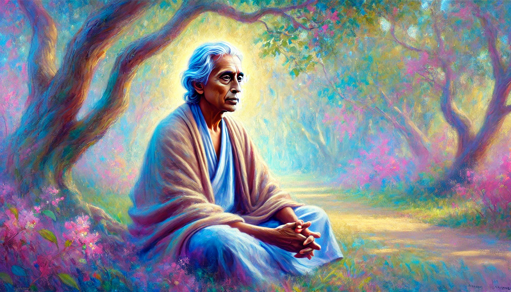 Illustration de Jiddu Krishnamurti en méditation dans un cadre naturel paisible, incarnant la clarté intérieure, la sagesse et la liberté de pensée.