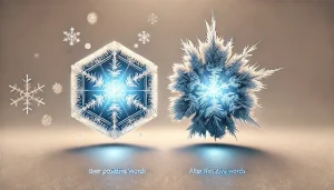 Image représentant les expériences de mémoire de l'eau du Dr. Masaru Emoto, illustrant la différence entre un cristal harmonieux exposé à des mots positifs et un cristal chaotique influencé par des mots négatifs.