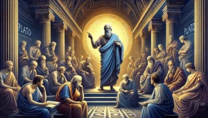 Platon enseignant à ses disciples dans l’Académie d’Athènes, entouré d’une lumière dorée symbolisant la quête de la vérité et du savoir.