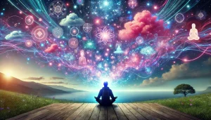 Une image montrant une personne assise en méditation, les yeux fermés, tandis que des images lumineuses et éthérées se forment au-dessus de sa tête, symbolisant la matérialisation de ses pensées. Ces images prennent la forme de vagues de lumière douces et rayonnantes dans des teintes de rose, violet, bleu et vert, se fondant harmonieusement dans le décor paisible. L’ambiance est sereine et inspirante, mettant en avant le pouvoir de l’imagination et la capacité de l’esprit à façonner la réalité.