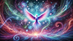 Illustration mystique représentant un oiseau lumineux entouré d’énergies colorées en rose, bleu, violet et vert. Des lettres et symboles ésotériques s’échappent de son bec, évoquant le langage des oiseaux et la signification cachée des mots. Fond céleste avec étoiles et motifs cosmiques, créant une ambiance spirituelle et onirique.