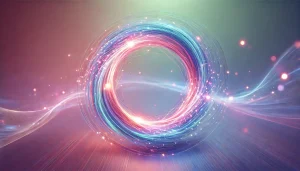 Illustration d'un cercle lumineux en mouvement, représentant le concept du cercle vertueux. Des flux d’énergie colorés en rose, bleu, violet et vert s’entrelacent harmonieusement, créant une dynamique de croissance et d’équilibre dans un fond éthéré.