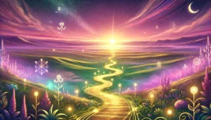 Une image inspirante montrant un chemin doré sinueux traversant un paysage féérique, baigné de teintes douces de rose, violet et vert. Des lumières et symboles lumineux jalonnent la route, représentant la sagesse, les choix et la croissance personnelle. L’horizon lointain brille intensément, évoquant l’espoir et l’accomplissement. L’atmosphère est à la fois onirique et ancrée dans la réalité, illustrant l’idée que le bonheur peut être un voyage entre mythe et réalité.