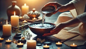 Rituel spirituel de purification grâce au pouvoir de l’eau. Des mains versent délicatement de l’eau d’un petit bol dans un un autre, entouré de bougies et d’éléments naturels comme des pierres et des fleurs. L’ambiance est paisible et méditative, évoquant la pureté et l’énergie bienfaisante de l’eau.