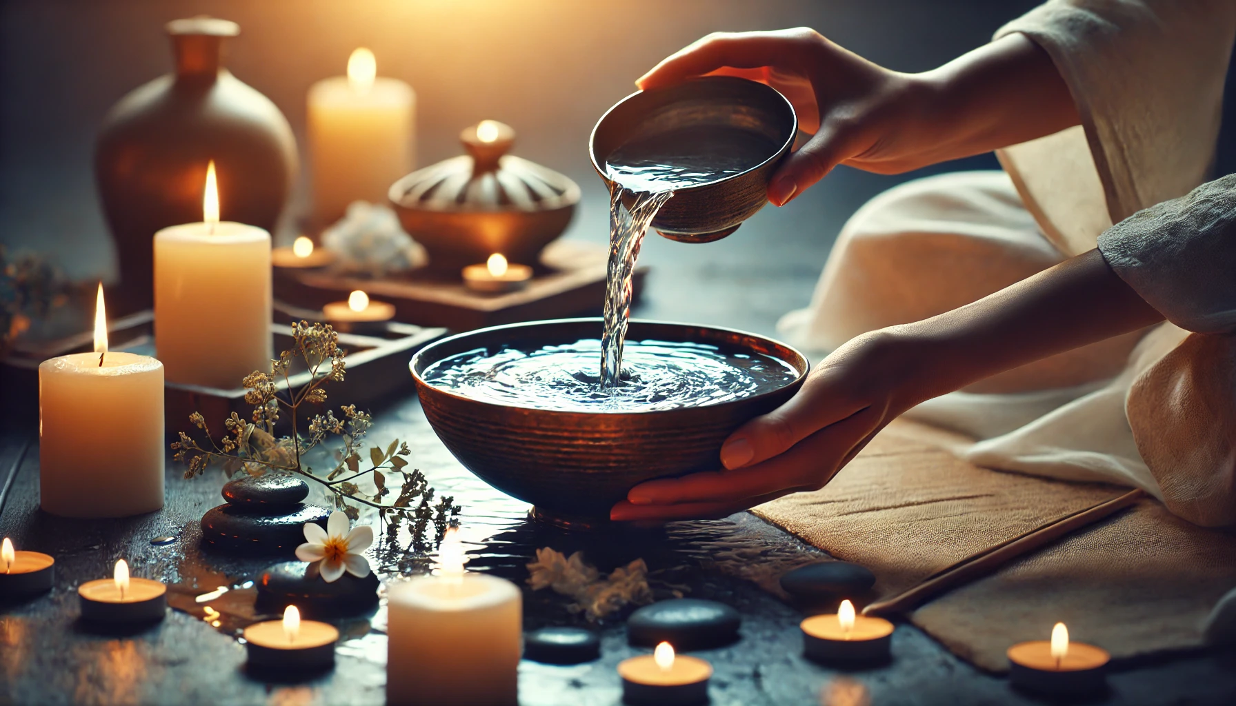 Rituel spirituel de purification grâce au pouvoir de l’eau. Des mains versent délicatement de l’eau d’un petit bol dans un un autre, entouré de bougies et d’éléments naturels comme des pierres et des fleurs. L’ambiance est paisible et méditative, évoquant la pureté et l’énergie bienfaisante de l’eau.