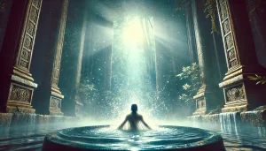 Image illustrant un rituel d’immersion spirituelle dans l’eau, représentant un passage de transformation et de purification. L’ambiance évoque la renaissance à travers des traditions telles que le baptême, les bains chamaniques et les rituels sacrés asiatiques.