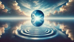 image illustrant l’eau comme miroir de notre état intérieur. L’eau calme reflète le ciel, symbolisant l’introspection et l’équilibre émotionnel, tandis que de légers remous suggèrent le mouvement des émotions. 