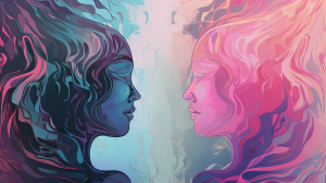 Une illustration surréaliste d'une silhouette humaine se regardant dans un miroir, avec le reflet révélant des émotions et des pensées abstraites symbolisées par des formes et des couleurs fluides. Le fond est onirique et apaisant, avec des nuances douces et harmonieuses de rose, bleu, violet et vert. Le style est moderne et artistique, avec des lignes fluides et un effet légèrement flou pour renforcer l'ambiance introspective et spirituelle.